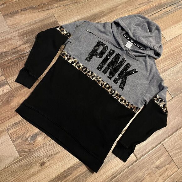 Victoria's Secret Pink Hoodie Gray Black Gold Bling Small EUC - Picture 4 of 10